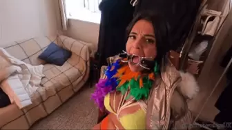 Latina bound tight and gagged with different gags! While wearing feather boa and different fur parkas (smaller size)
