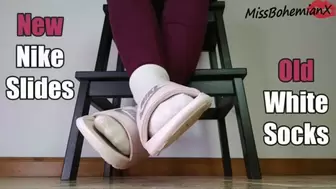 New Nike Slides and White Ankle Socks - Shoeplay Dangling Toe Tapping Sandals Foot Fetish - MissBohemianX - WMV