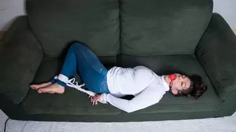 1268 Larna in White Turtleneck and Jeans Barefoot Hogtie and Ballgag