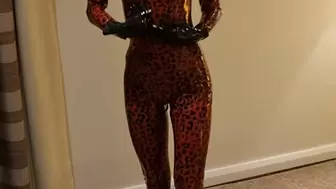 Leopard skin latex catsuit and hood tease