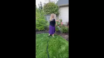 Deb Watering Her Landscape Wearing Her Purple Dress with Black Anne Klein Ballet Flats with Some Shoeplay (9-1-2021) C4S