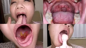 Mei Housho - Showing inside cute girl's mouth, chewing gummy candys, sucking fingers, licking and sucking human doll, and chewing dried sardines mout-111