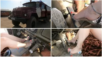 Sexy sensual barefoot really hard revving in fire truck ZIL 131