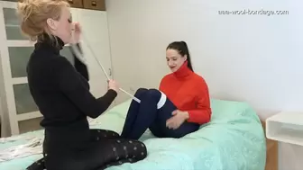 PAULA IN BLUE RIBBED WOOLTIGHTS GETS TIED UP AND GAGGED BY NAOMI