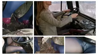 Emily revs hard GAZ 66 with upskirt and drives it in the forest