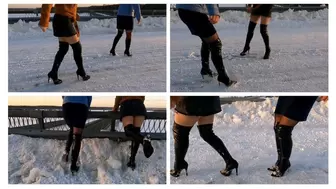 Two sexy girl in high heel boots on very slippery ice