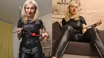 Katya in a totally real leather outfit punishes her slave POV