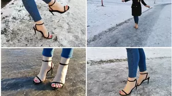 Sexy girl walks on the slippery parking in high heel sandals