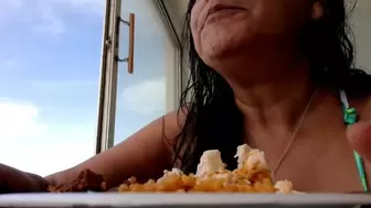 Latina Milf Carribbean Goddess Giantess Lola in a Bikini FaceSuffing Overeating Spanish Food Mukbang by the Beach Bloated Belly Show Body Inflation Under her Big Belly Jiggling as she walks around Weight Gaining Video