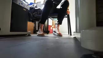 Barefoot - dangling - teasing under the desk in work with few coworkers in room
