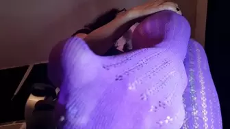 you are tiny and stuck under Sneezy Sniffly Giantess unaware in Pretty Purple Pantyhose Sexy Soles view She is towering over you having breakfast and watching videos on her laptop when she lets out a sudden powerful rabdom sneeze w slo mo Replay