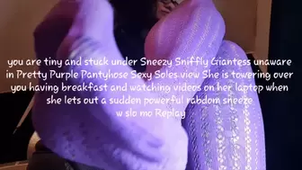 you are tiny and stuck under Sneezy Sniffly Giantess unaware in Pretty Purple Pantyhose Sexy Soles view She is towering over you having breakfast and watching videos on her laptop when she lets out a sudden powerful rabdom sneeze w slo mo Replay mkv