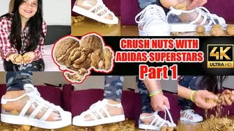 Sexy girl crushes Part1 4k Here I crush a lot of hard walnuts barefoot in my transparent Adidas Superstars crushing crush nuts sweaty feet barefoot
