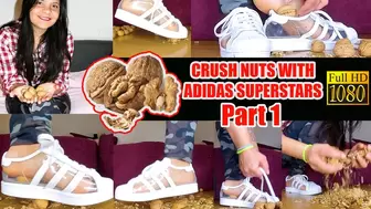 Sexy girl crushes Part1 HD Here I crush a lot of hard walnuts barefoot in my transparent Adidas Superstars crushing crush nuts sweaty feet barefoot
