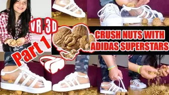 VR 3D Virtual Reality Sexy girl crushes Part1 4k Here I crush a lot of hard walnuts barefoot in my transparent Adidas Superstars crushing crush nuts sweaty feet barefoot