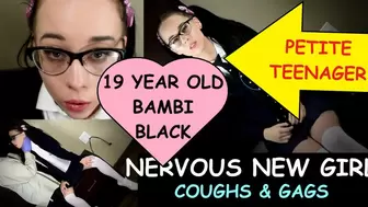 Petite Nervous New Girl 19 year old Bambi Black GAGS & COUGHS on dirty old man's cock CLIP #1