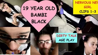 Little Bambi Black instructed by dirty old man how to slowly deepthroat a cock until her eyes water and gags CLIPS #1-3