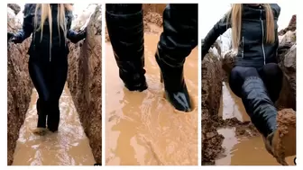 Emily walks in extremely deep crazy cold water and mud in all leather clothes