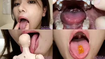 Yui Nagase - Showing inside cute girl's mouth, chewing gummy candys, sucking fingers, licking and sucking human doll, and chewing dried sardines mout-119