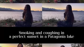 Smoking and coughing in a perfect sunset in a Patagonia lake - travel with Angie