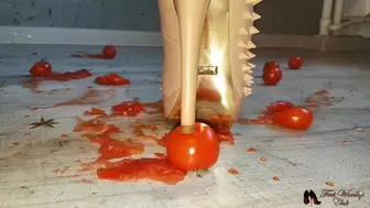 Crushing tomatoes in high heels and bare feet