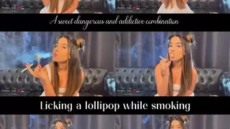 Licking a lollipop while smoking in a cute white minidress
