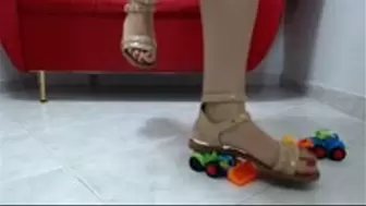 crushing 2 toycars in Barefeet, Sandals and Platform-Heels