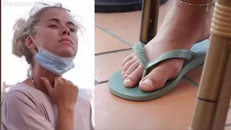 Blonde girl with flip flops at Italian beach cafe - Video update 13057 UHD 4K