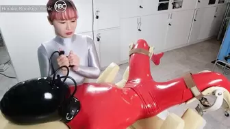 Continuous Cumming via Rubber Glove Handjob in Red Rubber Suit!