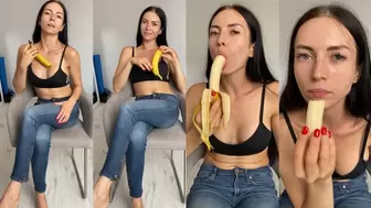 Teasing in jeans, eating & sucking banana