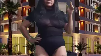Sexy latina milf Giantess unaware in a See thru Fishnet Shirt Towering over Trees a Building smoking