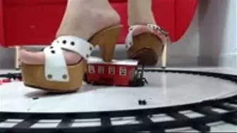 crushing a complet trainset toy with 4 pair of shoes!!!