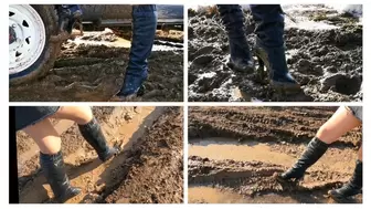 Emily walks in deep soft mud in high heel boots UPSKIRT