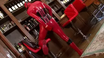 Masturbation Fun In The Bar Room - Part 2 of 2 - Gas Mask + Red Latex Catsuit + Rubber Body-Bag