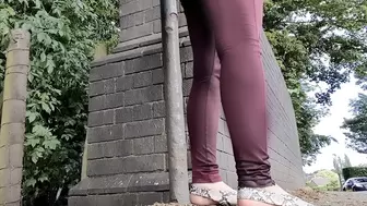 Red leggings by the road wetting peeing