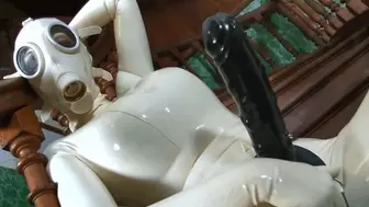 Sexy Girl Plays With Her Pussy In White Rubber Latex Catsuit + Gas Mask - Part 1 of 2