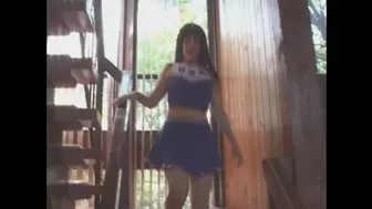 Cheerleader fucks herself on the stairs
