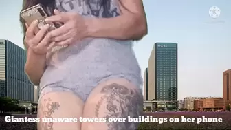 Giantess unaware towers over buildings on her phone mkv