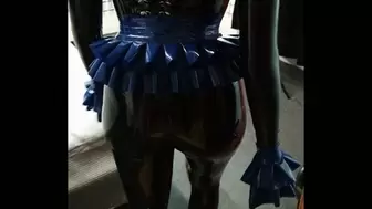 Playing with huge double-sided dildo in blue latex frills #S23