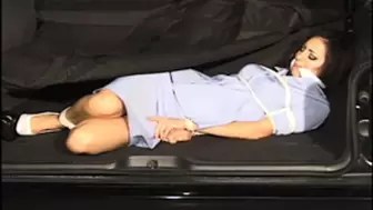 Stunning brunette businesswoman Roxanne Chadwick lies bound and gagged in the back of an SUV!