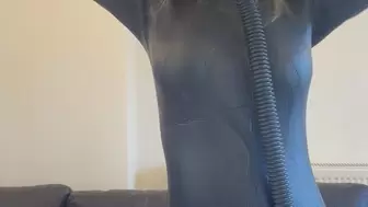 scuba wetsuit , kinky face harness mask breathing from tank cum