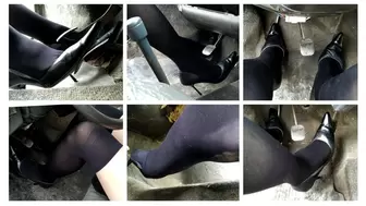 Sexy girl in retro high heels and stockings revs hard old turbo Fiat