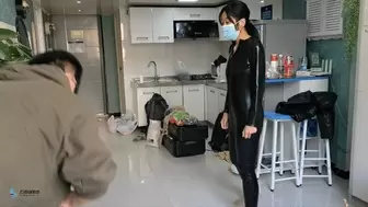 Girl in black gel coat experiences orgasm in full body bondage(Chinese model XiaoAn)