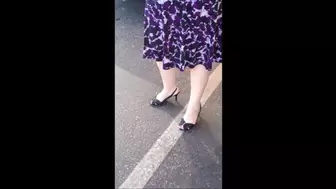 Deb Stops for Groceries After Work Wearing Her Purple Skirt & Black Satin Pumps