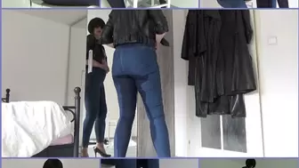 Destruction of old jeans, peeing in high-waisted jeans