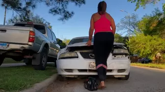 Brina Trying to Crank the White Mustang