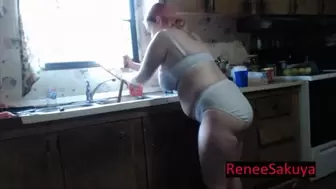 Pregnant plunging stopped up sink, wearing white bra and panties