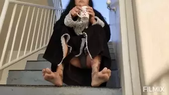 Under Giantess Lola latina milf Filthy Dry DIrty Feet in a t shirt panties and a bathrobe drinking coffee outside on her steps upskirt panties view feet stacking wrinkled soles toes wiggling avi