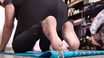 barefoot Yoga Instructor Milf Bends over and Butt Crushes a tiny voyeur in Black Shiny Yoga Pants Big ass sitting on him again and again