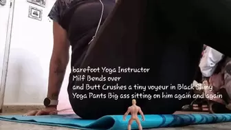 barefoot Yoga Instructor Milf Bends over and Butt Crushes a tiny voyeur in Black Shiny Yoga Pants Big ass sitting on him again and again mkv